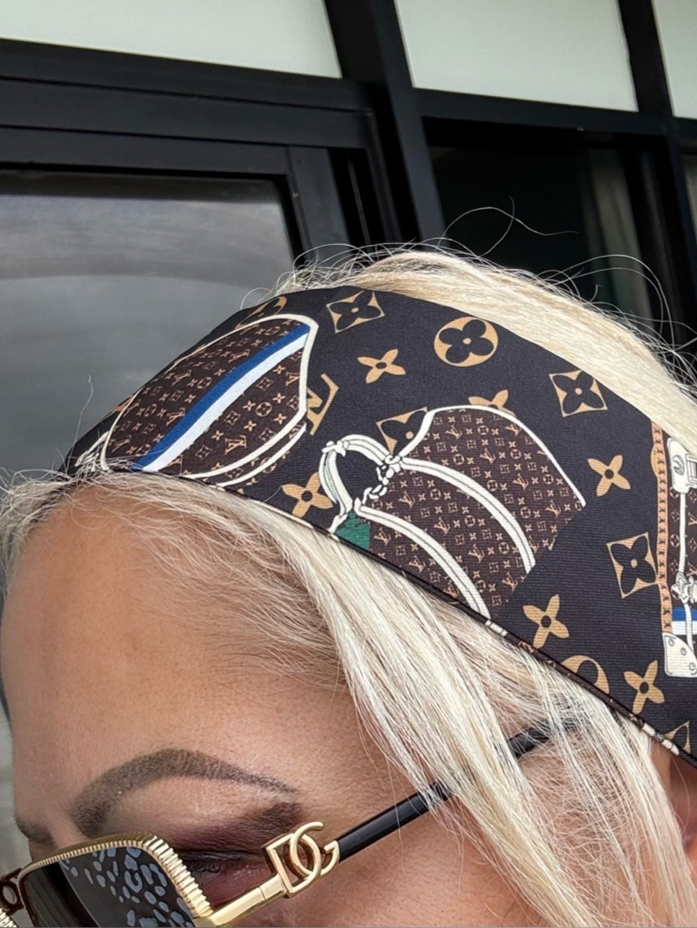 Louis Vuitton Black, Brown & Gold Monogram Silk Twilly with Travel Motif